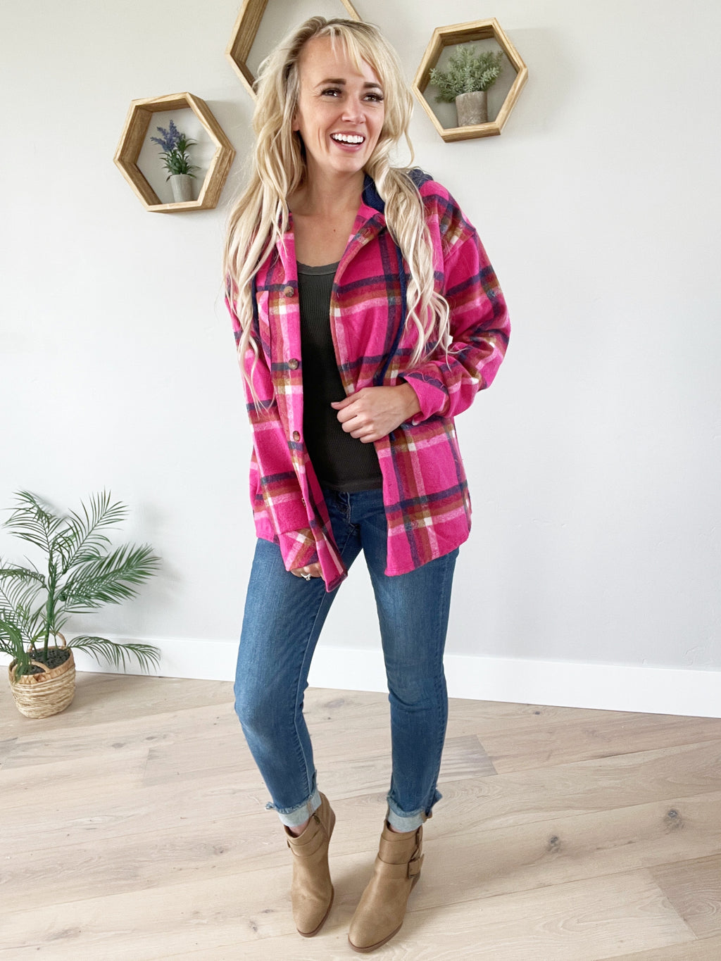 Worth More Plaid Hooded Shacket in Magenta