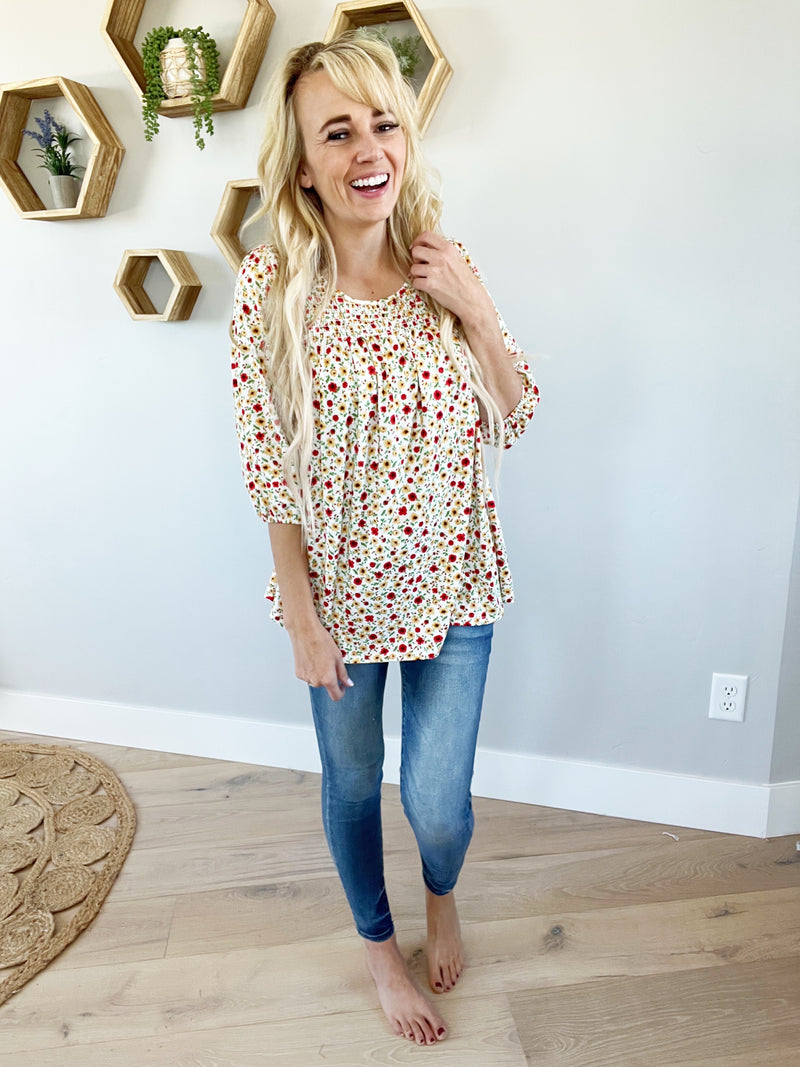 Promise Me Hannah Floral Smocked Top in Ivory