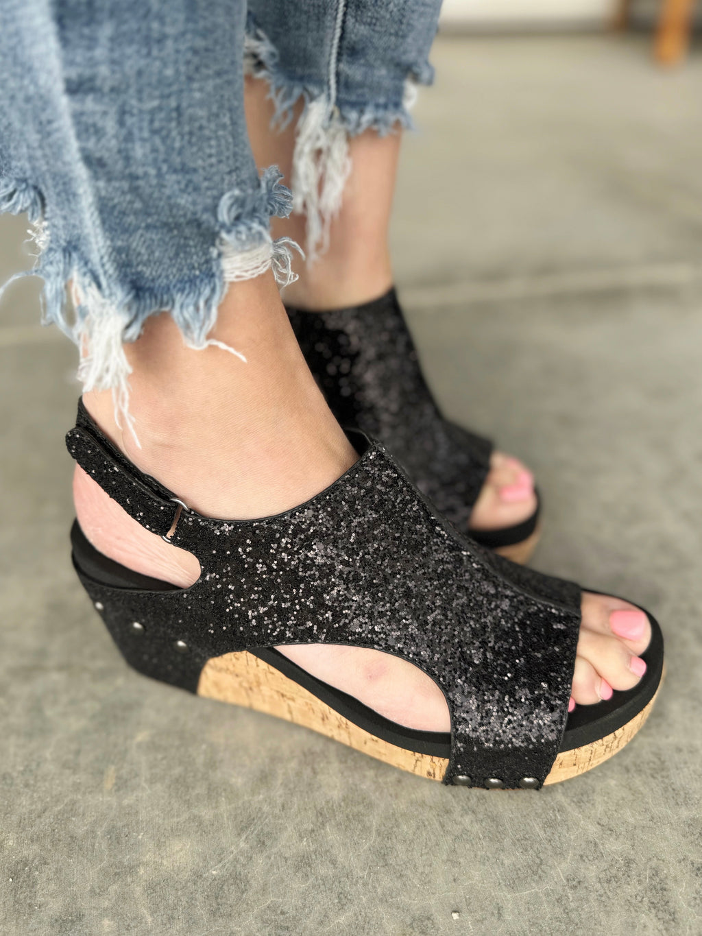 Corky's Black Glitter Wedge Sandal