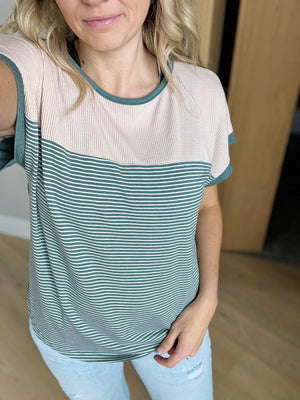Only Time Color Block and Striped Short Sleeve Top in Teal