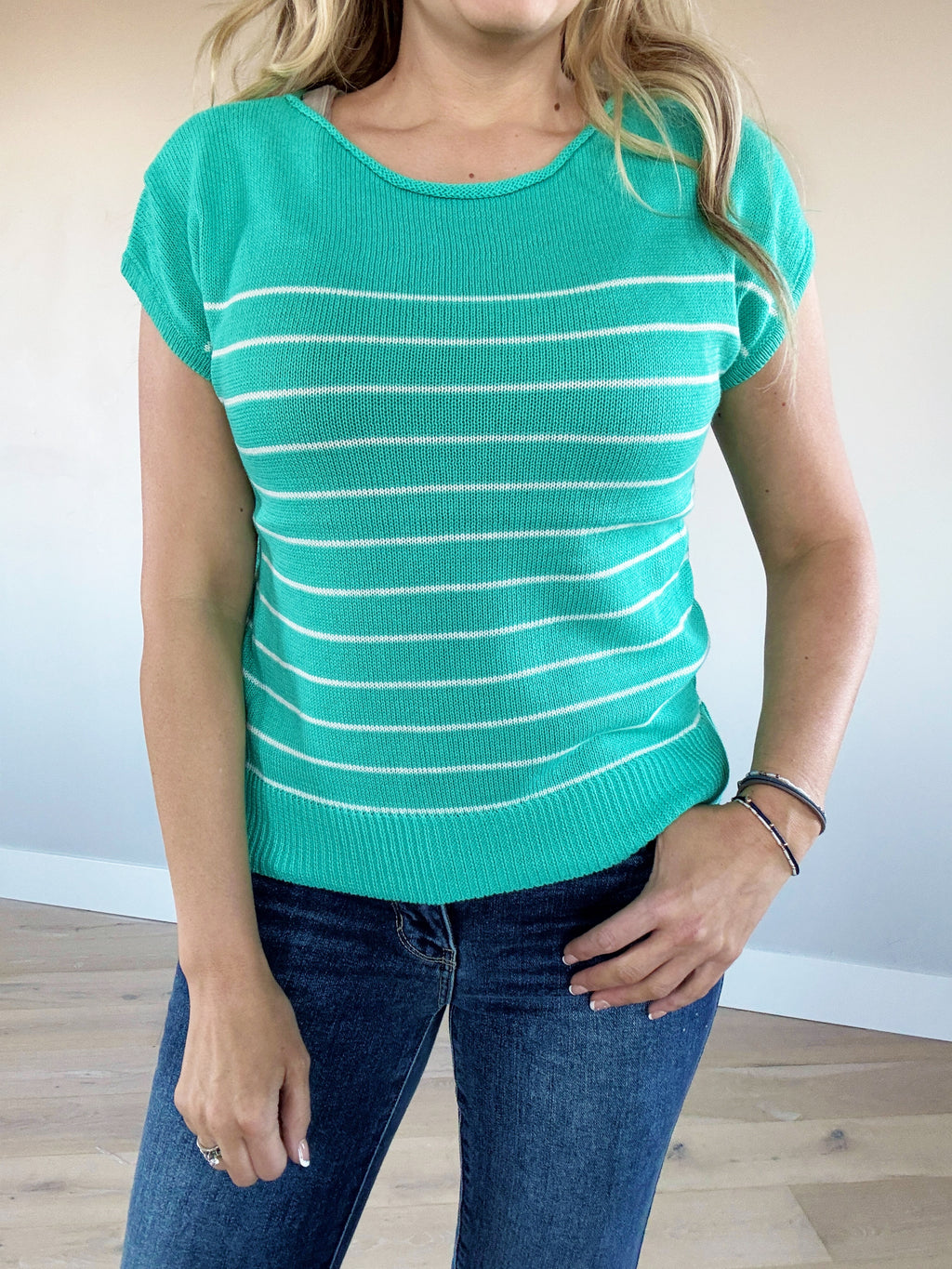 Only You Boat Neck Short Sleeve Striped Sweater in Emerald