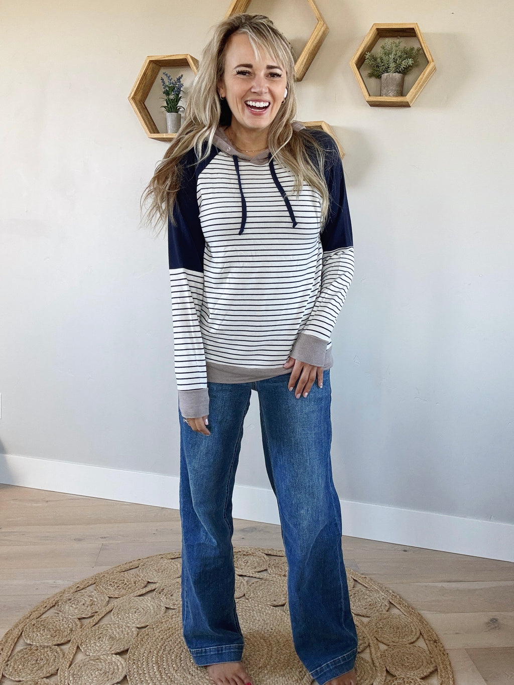 Way To Go Striped Hoodie in Navy and Taupe