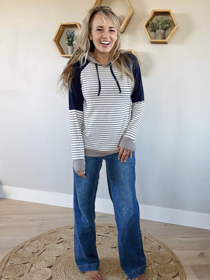 Way To Go Striped Hoodie in Navy and Taupe