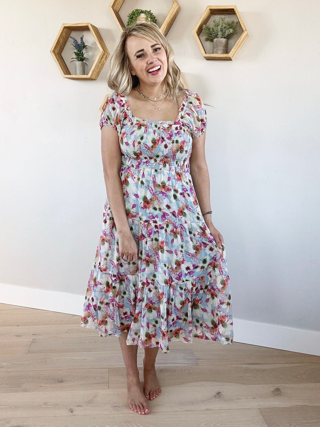 Sunny Floral Puffed Sleeve Midi Dress in Light Blue