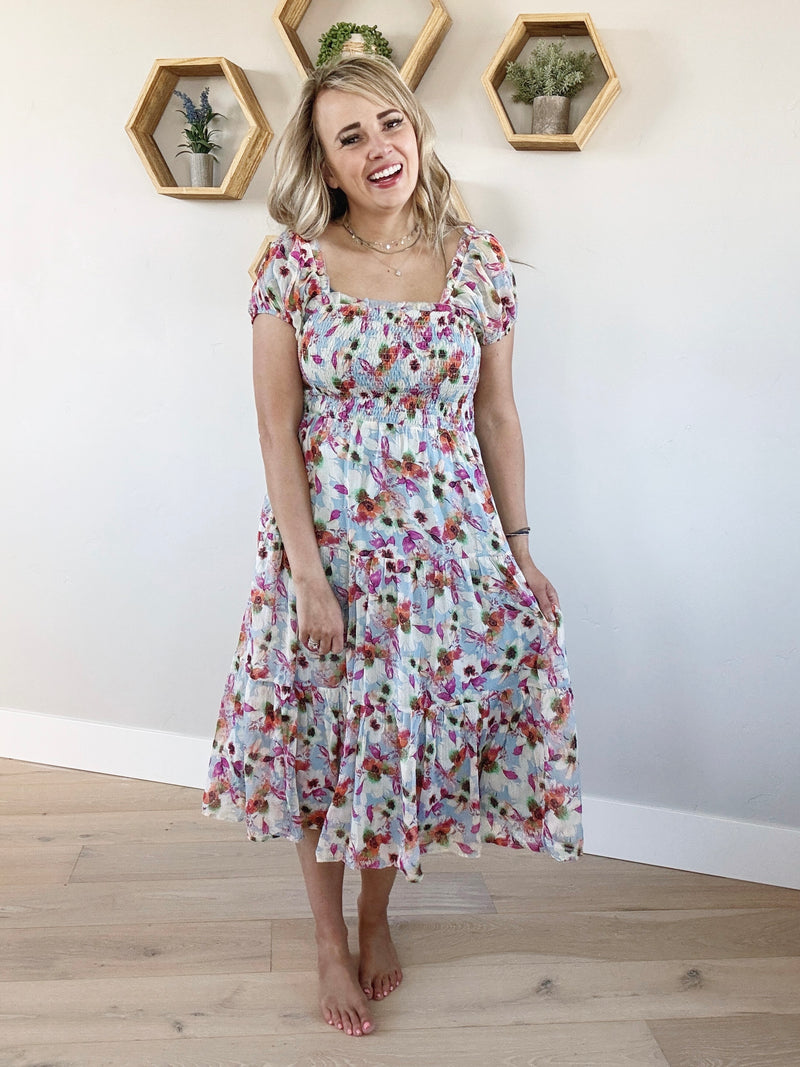 Sunny Floral Puffed Sleeve Midi Dress in Light Blue