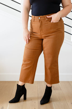 Judy Blue High Rise Control Top Wide Leg Crop Jeans in Camel