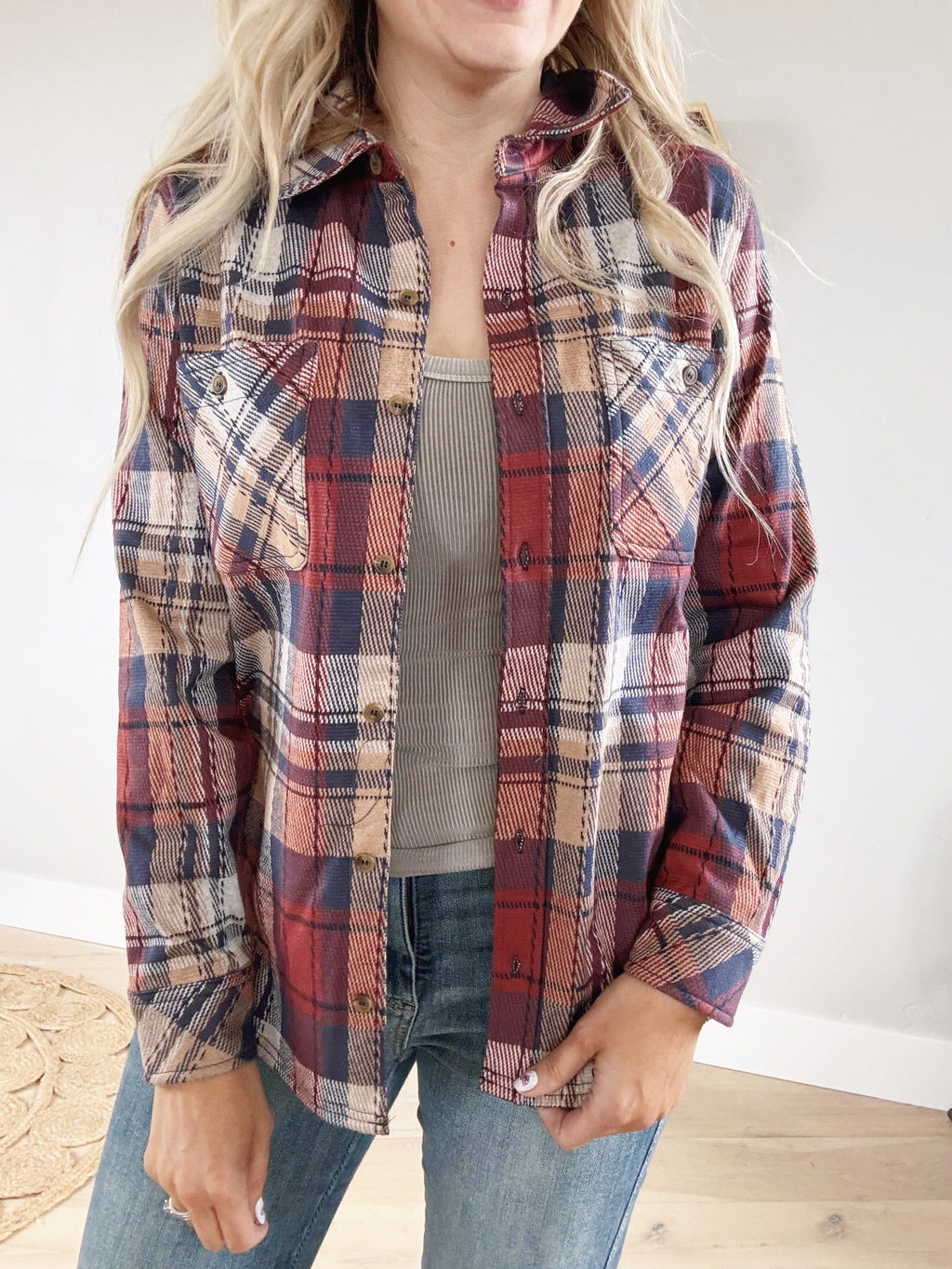 Never Give Up Button Down Plaid Long Sleeve in Scarlet