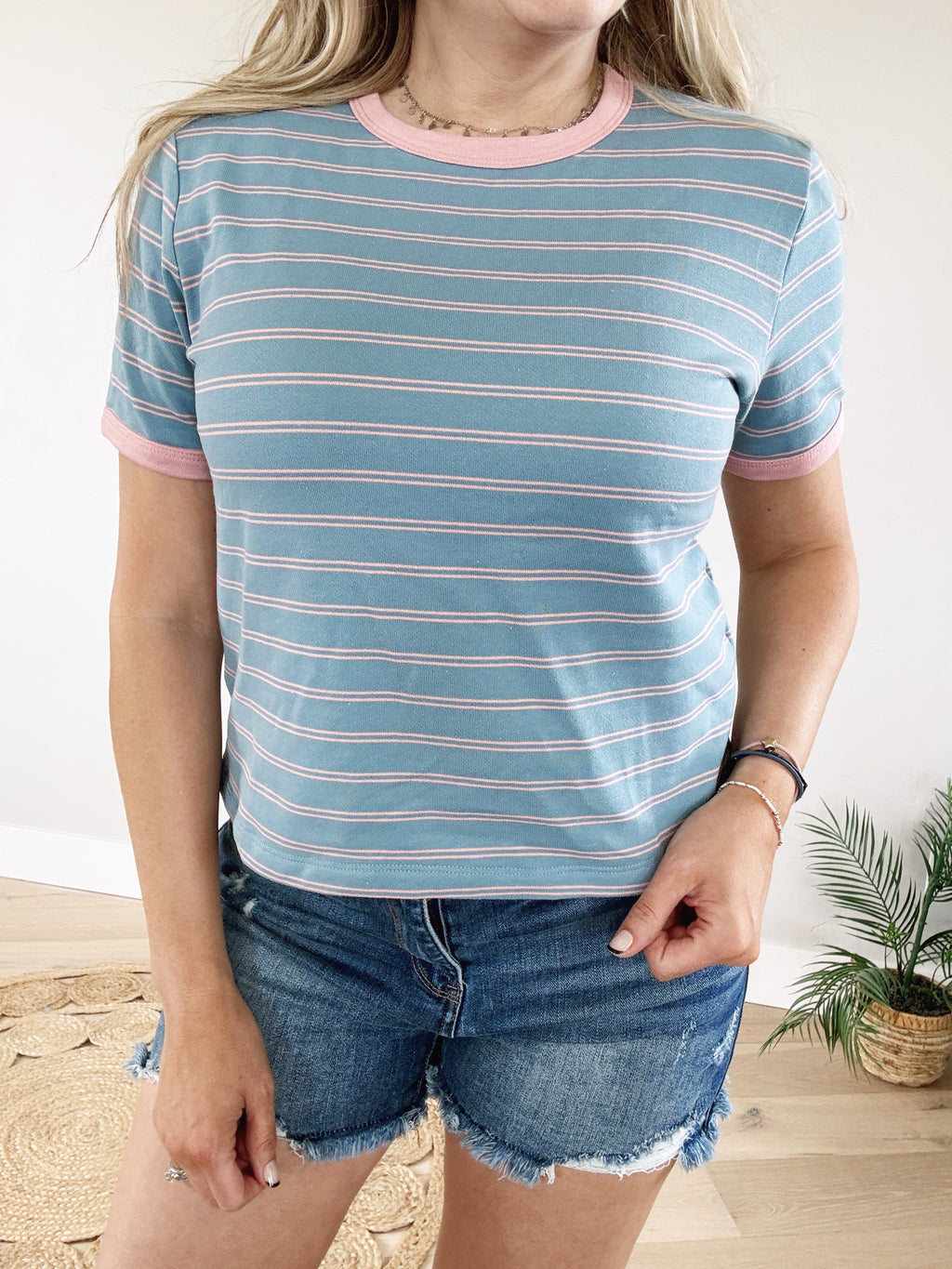 Quirky Contrast Striped Knit Top in Blue & Pink