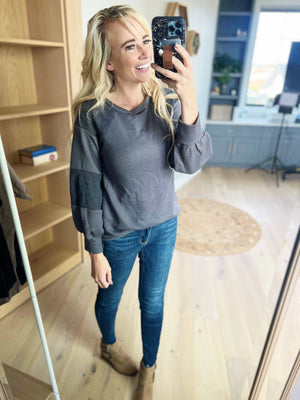 Restless Lace Contrast Bishop Sleeve Top in Charcoal (SALE)