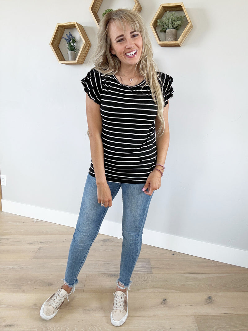 Business As Usual Striped Flutter Sleeve Top in Black
