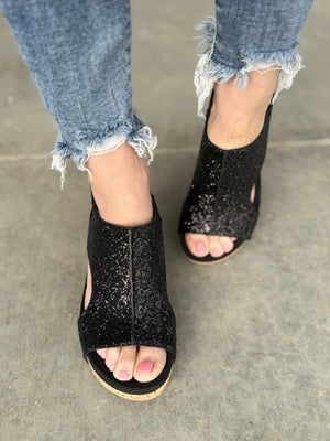 Corky's Black Glitter Wedge Sandal