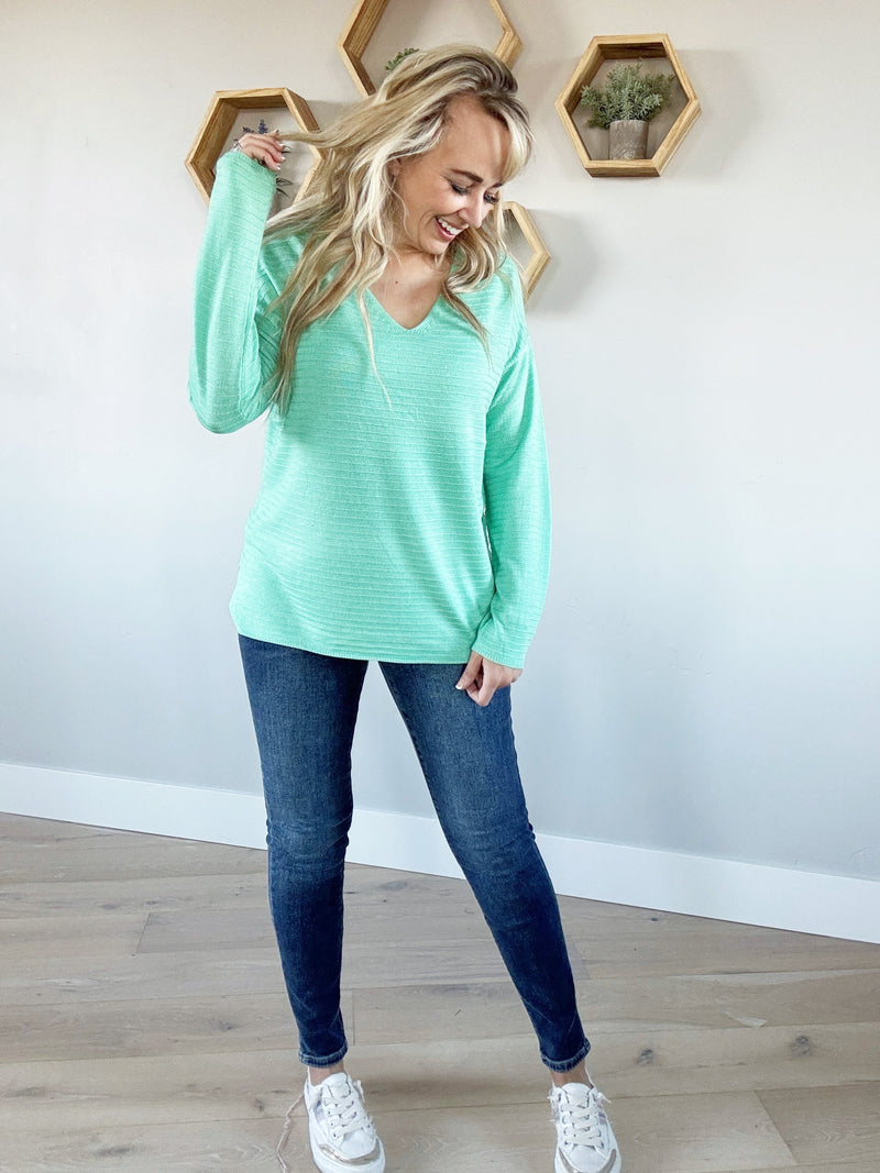 Message Me V-Neck Pintuck Striped Sweater in Mint