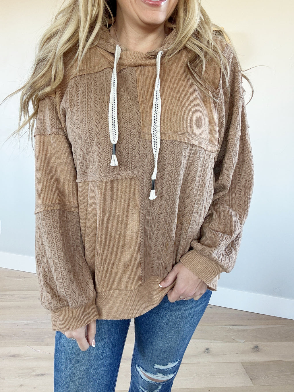 POL In the End Balloon Sleeve Cut Sew Sweater Knit Top in Mocha