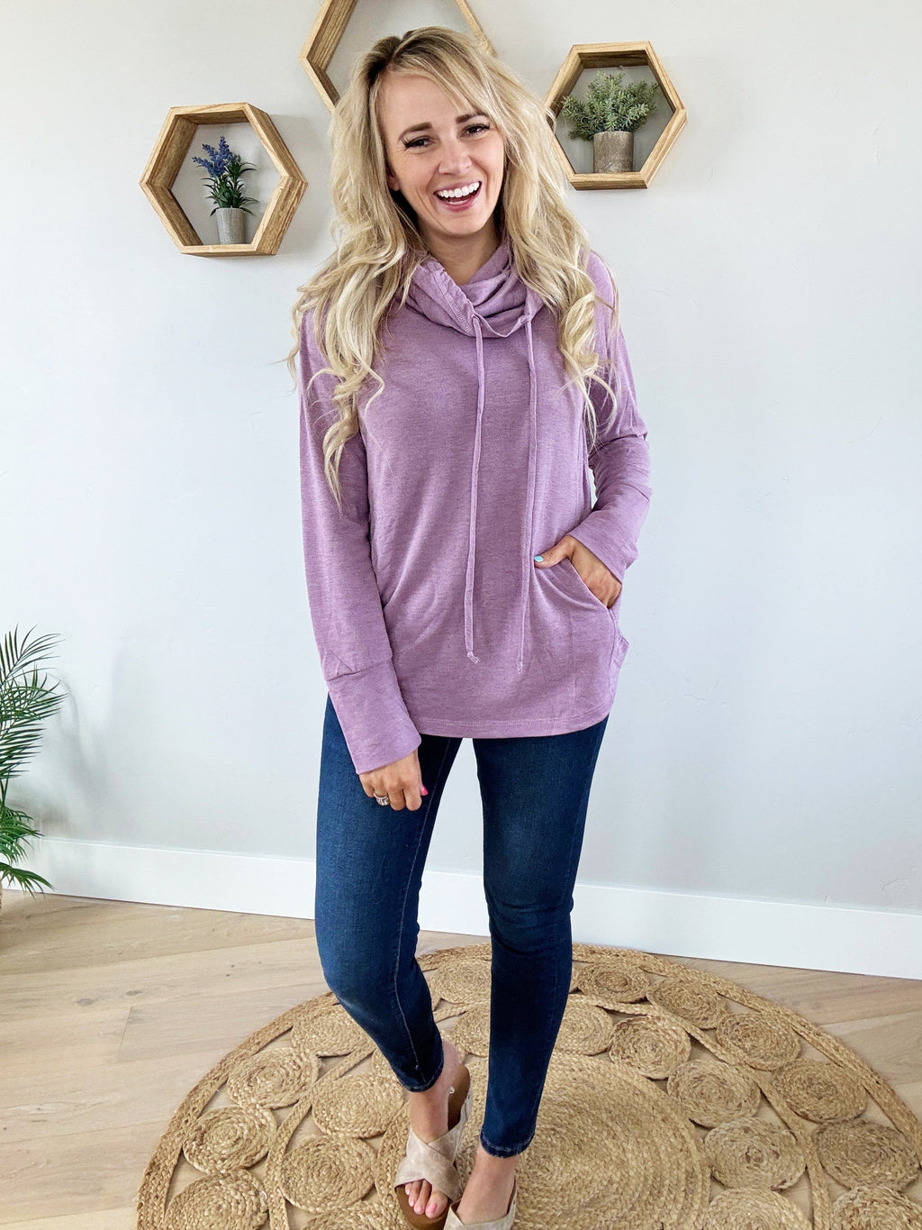 You Are Enough Drawstring Cowl Neck Top in Light Plum