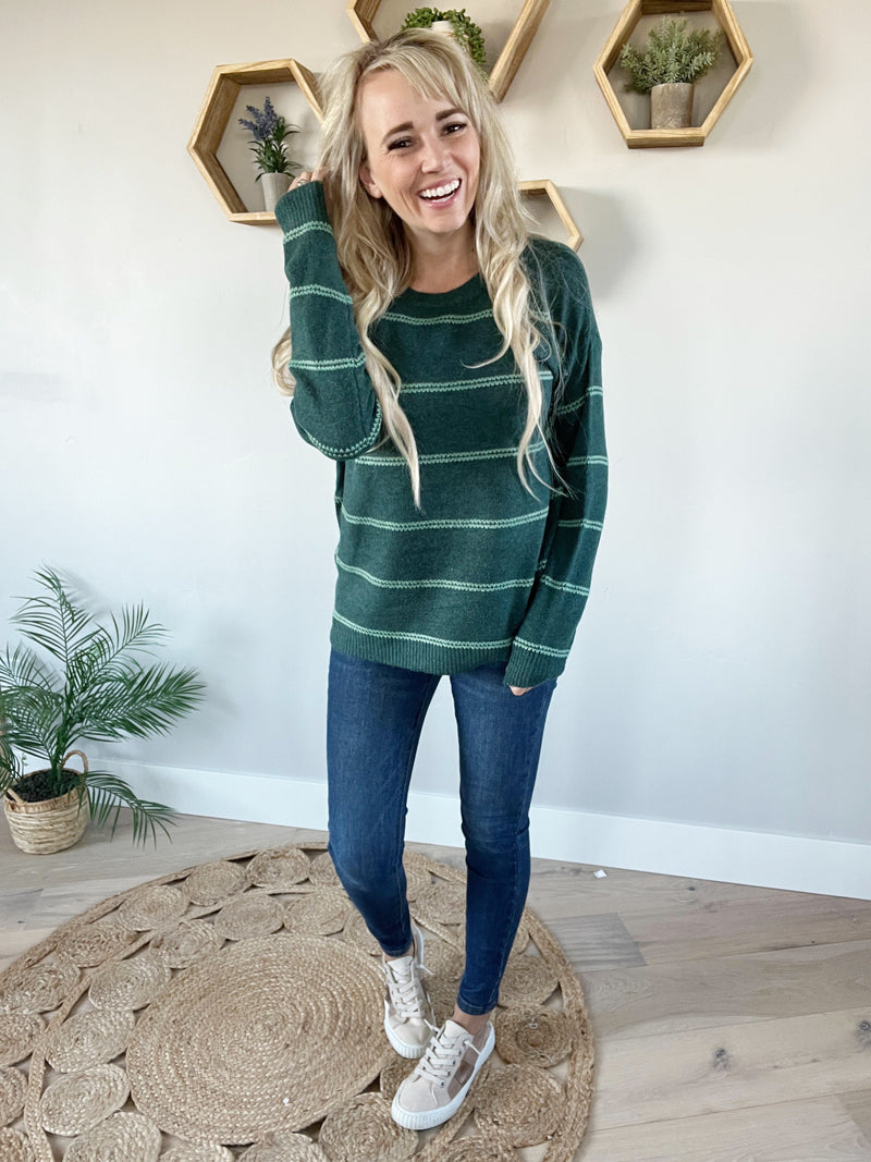 No Time Stitch Striped Crew Neck Pullover Sweater in Forest