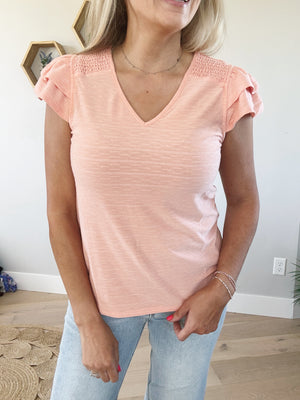 Forever Young Ruffled Cap Sleeve Top in Peach