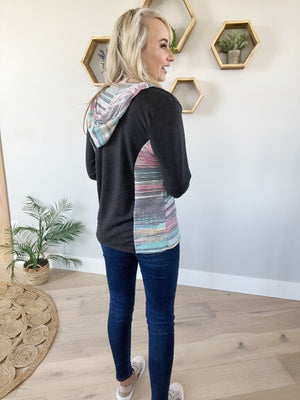 Betty Long Sleeve Color Block Hooded Top in Charcoal