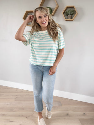 True Story Striped Drop Shoulder Knit Top in Off White and Mint