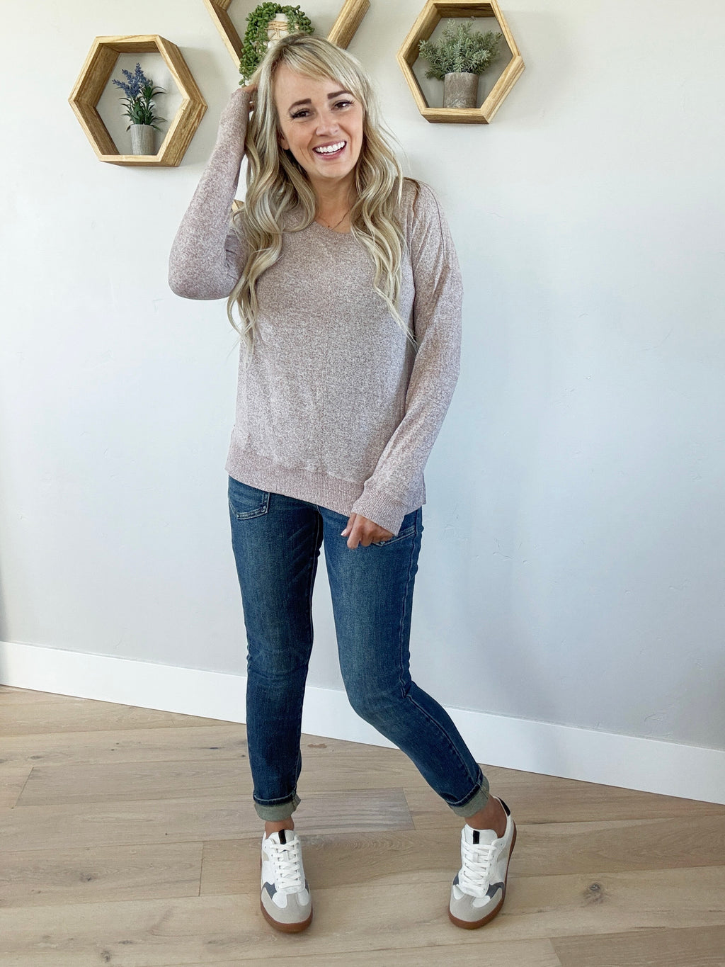 Small Town Round Neck Hacci Brushed Top in Mocha (SALE)