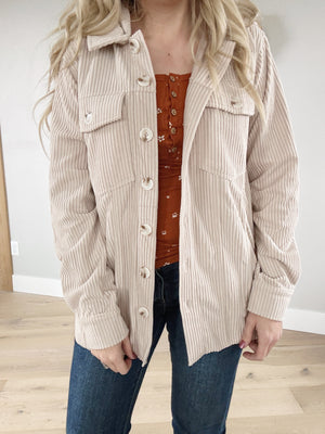Tailgating Corduroy Hooded Shacket in Almond Milk (SALE)