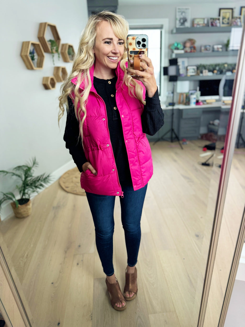 Promising Zip Up Button Puffer Vest in Fuchsia