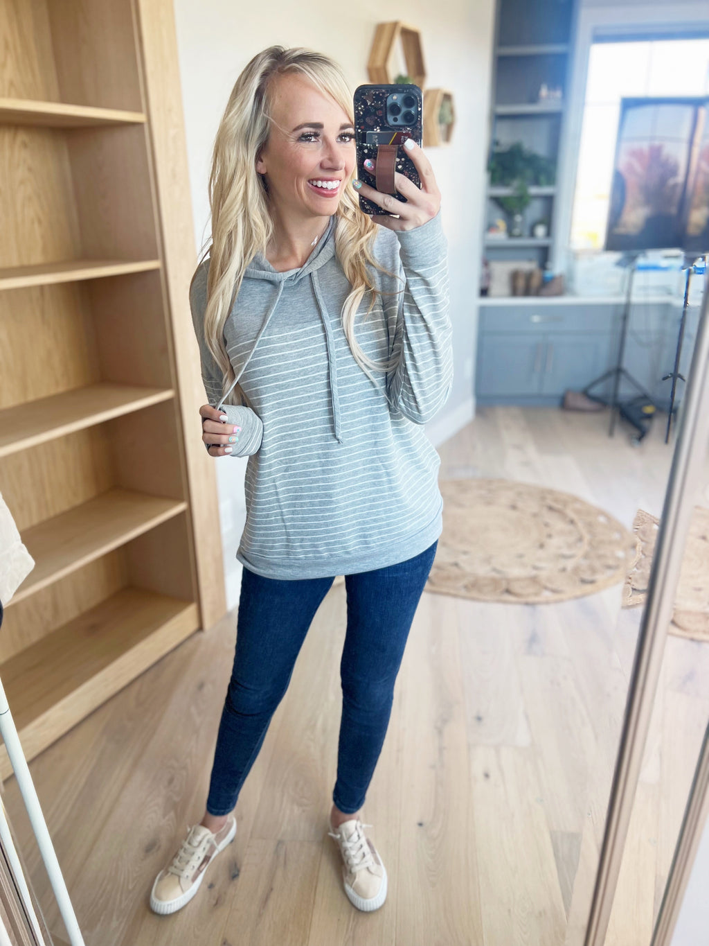Get Together Hooded Striped Color-Block Top in Heather Gray