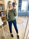 Good Intentions Long Sleeve Striped Top with Button Detail in Olive and Ivory