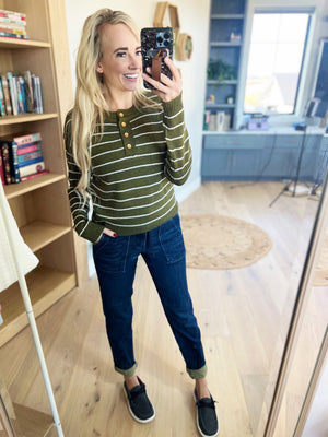 Good Intentions Long Sleeve Striped Top with Button Detail in Olive and Ivory