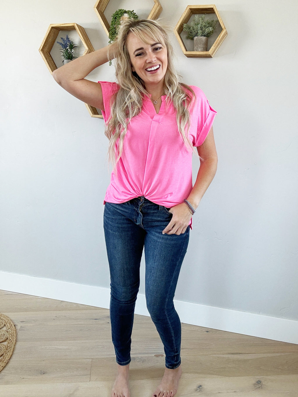 Be Happy Solid Wrinkle Free Top in Neon Pink (SALE)