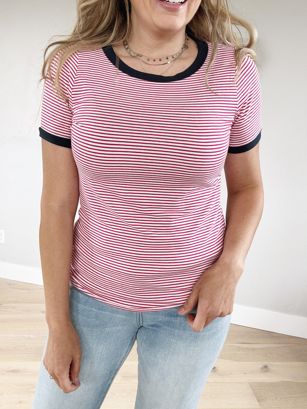 Always Lovely Pinstriped Crewneck Top in Fuchsia and Navy