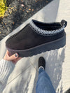 Never Know Platform Embroidered Slip-On Boots in Black