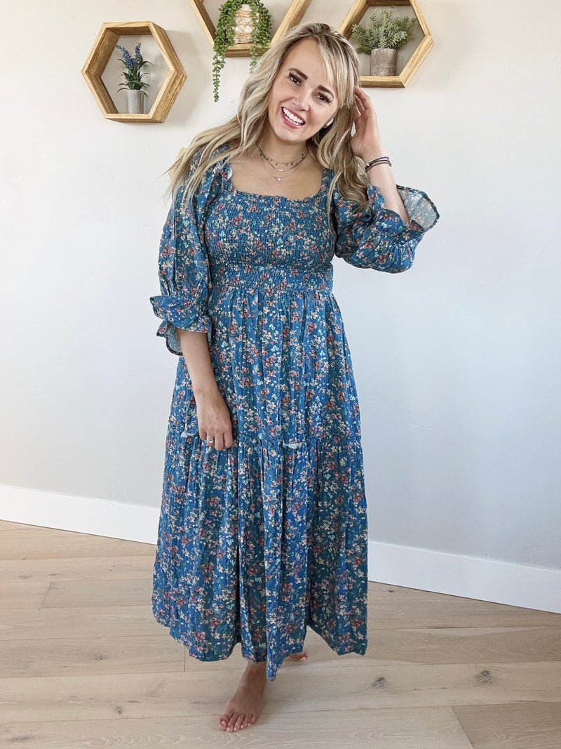 Wildflowers Floral Tiered Midi Dress in Teal Small Wildflowers Floral Tiered Midi Dress in Teal Small