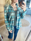 No Fool Plaid Roll-Up Long Sleeve Top in Teal