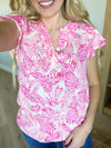 Tropical Crinkle Ruffled Sleeve V-Neck Top in Fuchsia