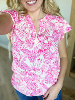 Tropical Crinkle Ruffled Sleeve V-Neck Top in Fuchsia