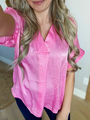 Pleat Front V-Neck Top in Pink Cosmos