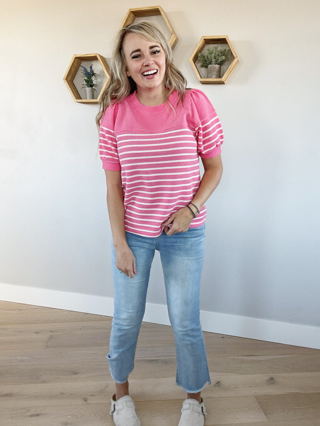Girly Girl Striped Puff Sleeve Top In Pinkberry