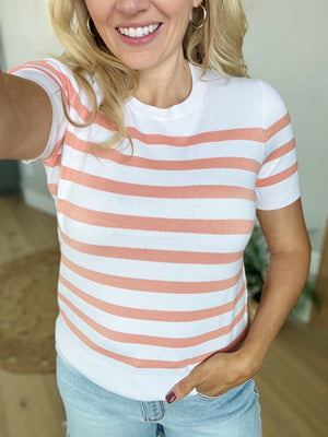 Guess Who Classic Striped Crewneck Short Sleeve Sweater in Punch
