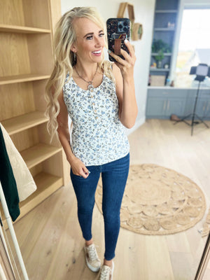 Just Me Floral Ribbed Henley Tank in Ivory
