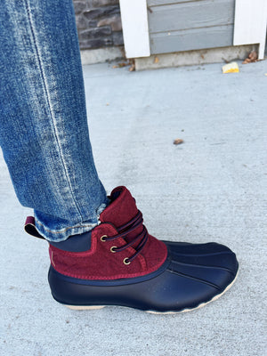 Gypsy Jazz Duck Boots in Navy and Maroon