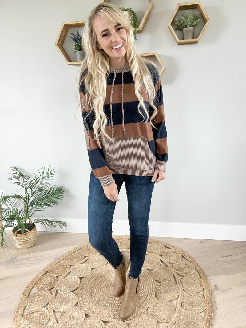 Let's Dance Striped Hooded Top in Chocolate and Navy