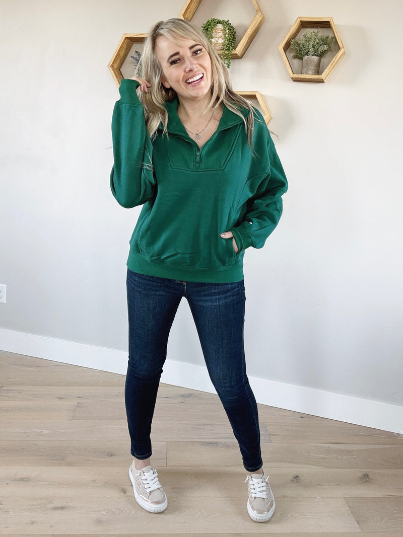 Gym Rat French Terry Quarter Zip Top in Hunter Green