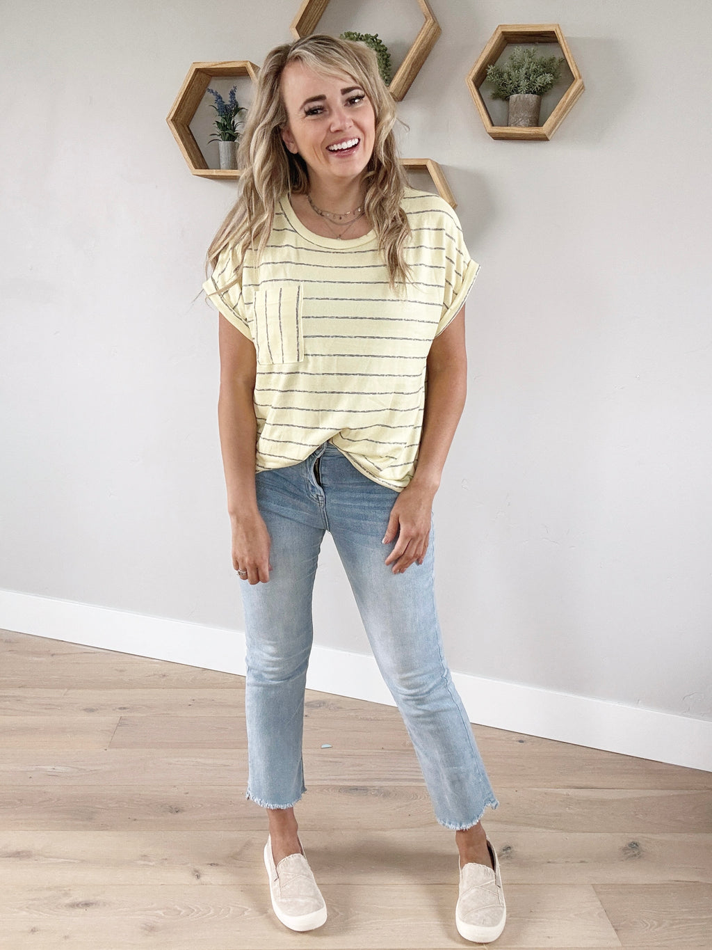 Queen Bee Top in Banana and Gray