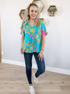 The Best Years Flower Print Boxy V-Neck Short Sleeve in Jade & Pink