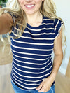 Social Butterfly Round Neck Ruffle Sleeved Top in Navy and Ivory Stripes