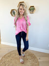 Pleat Front V-Neck Top in Pink Cosmos