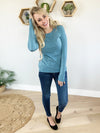 Surprise For You Long Sleeve Crew Neck Top in Dusty Blue