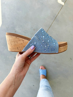 Corky’s Wedge Sandal in Sparkly Blue
