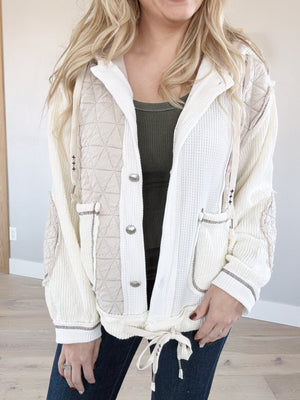 POL Into You Multi Fabric Hooded Shacket in Cream Beige (SALE)