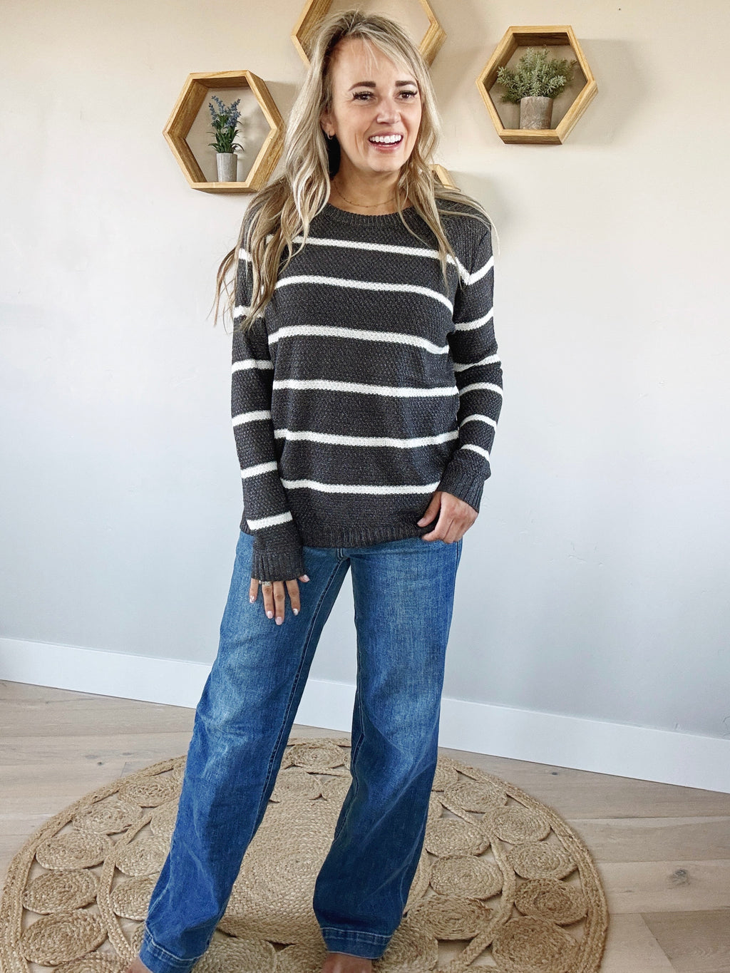 The Big Winner Striped Sweater in Gun Metal